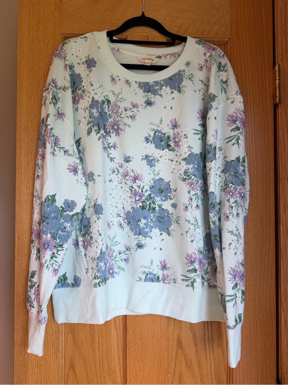 Lucky Brand Blue Purple Floral Crewneck Sweatshirt Pullover Size Large
